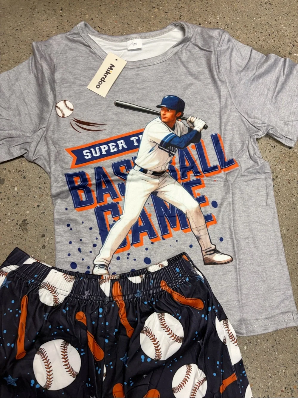 Kids Grey Baseball Graphic Pajama Set with Navy Baseball Shorts